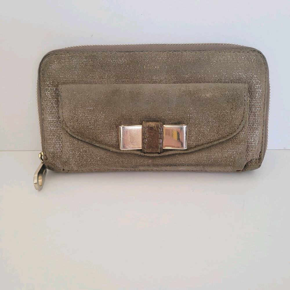 Chloe Wallet Zippy Authentic Bow Accordion Leather Zip Around Beige Metallic